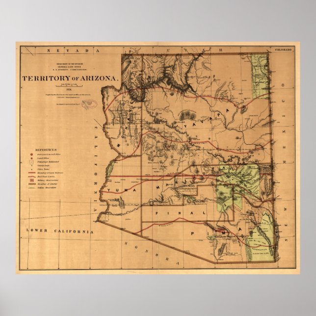 Póster Mapa de época de Arizona (1876) (Frente)