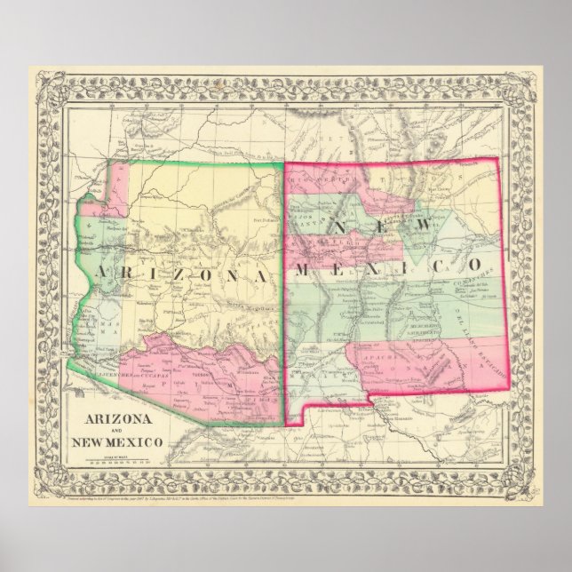 Póster Mapa de época de Arizona y Nuevo México (1867) (Frente)