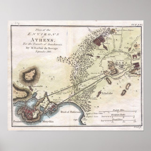 Póster Mapa de época de Atenas (1784) (Frente)
