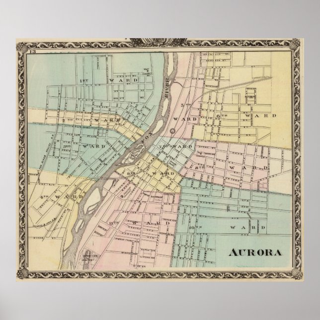 Póster Mapa de época de Aurora IL (1876) (Frente)