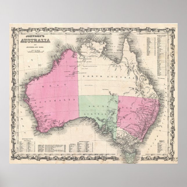 Póster Mapa de época de Australia (1862) (Frente)