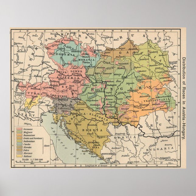Póster Mapa de época de Austria y Hungría (1911) (Frente)