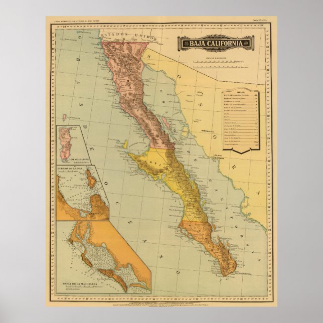 Póster Mapa de época de Baja California (1886) (Frente)
