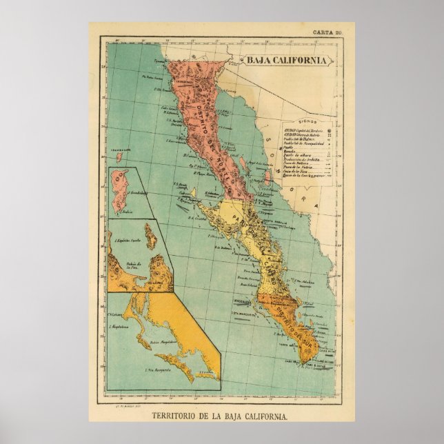 Póster Mapa de época de Baja California (1899) (Frente)