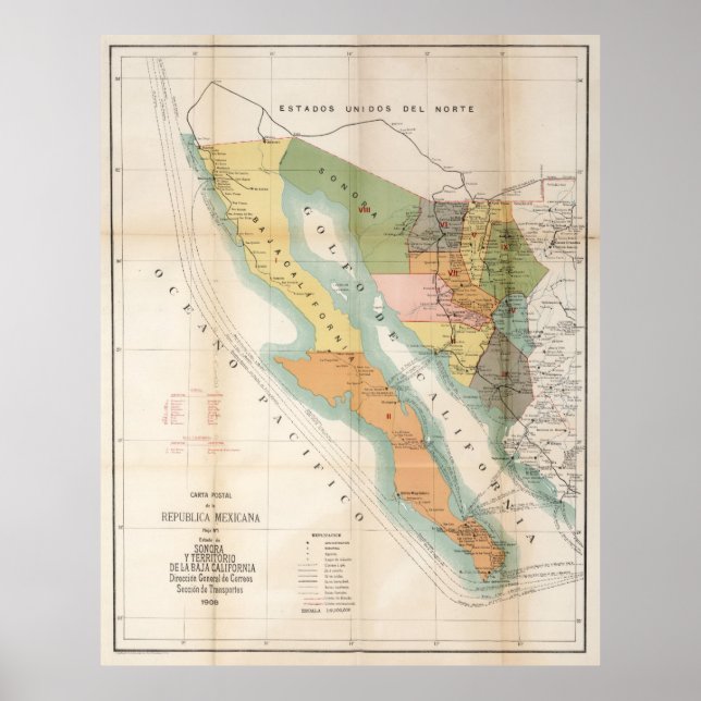 Póster Mapa de época de Baja California (1908) (Frente)