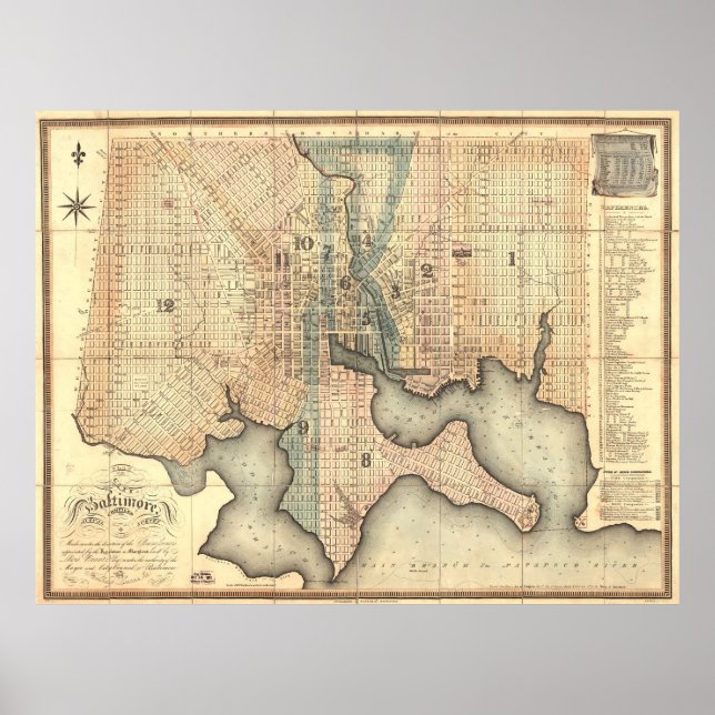 Póster Mapa de época de Baltimore Maryland (1822) (Frente)