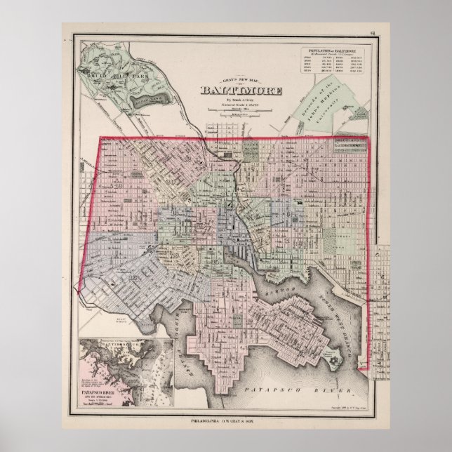 Póster Mapa de época de Baltimore MD (1876) (Frente)