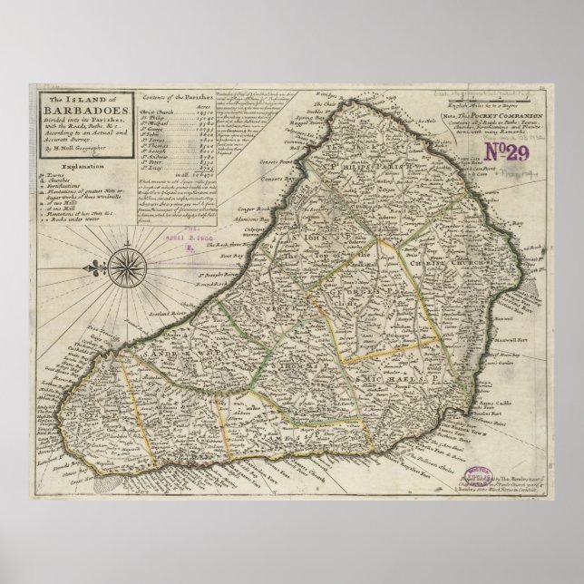 Póster Mapa de época de Barbados (1736) (Frente)
