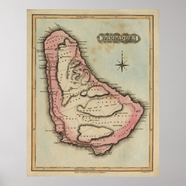 Póster Mapa de época de Barbados (1823) (Frente)