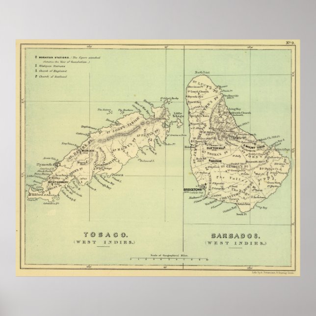 Póster Mapa de época de Barbados y Tabago (1853) (Frente)