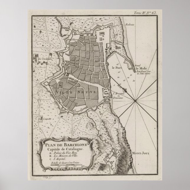 Póster Mapa de época de Barcelona España (1764) (Frente)