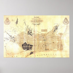 Póster Mapa de época de Barcelona España (1859)