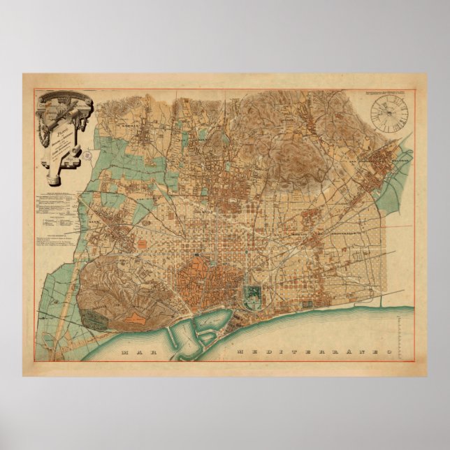 Póster Mapa de época de Barcelona España (1890) (Frente)