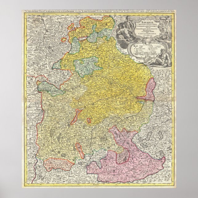 Póster Mapa de época de Baviera Alemania (1728) (Frente)
