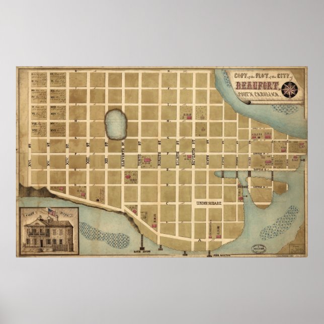 Póster Mapa de época de Beaufort SC (años 1860) (Frente)