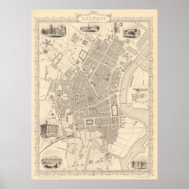 Póster Mapa de época de Belfast Irlanda (1851) (Frente)