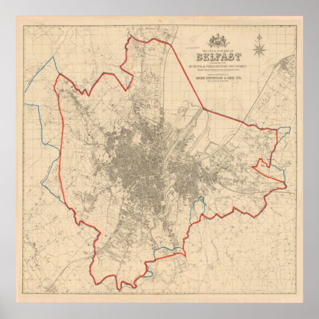 Póster Mapa de época de Belfast Irlanda (1913) (Frente)