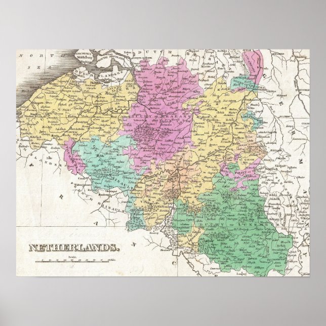 Póster Mapa de época de Bélgica (1827) (Frente)