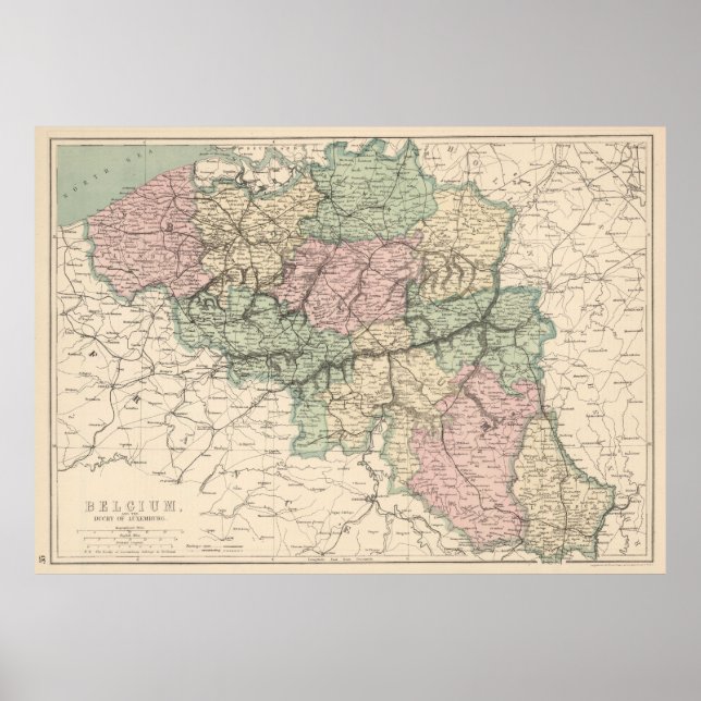 Póster Mapa de época de Bélgica (1873) (Frente)