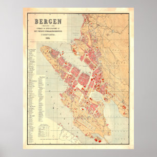 Póster Mapa de época de Bergen Noruega (1885)
