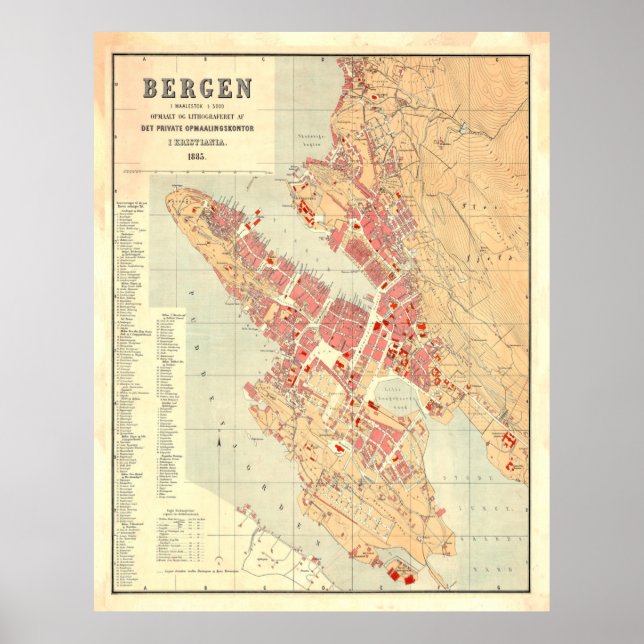 Póster Mapa de época de Bergen Noruega (1885) (Frente)