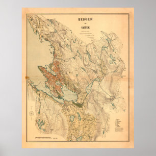Póster Mapa de época de Bergen Noruega (1907)