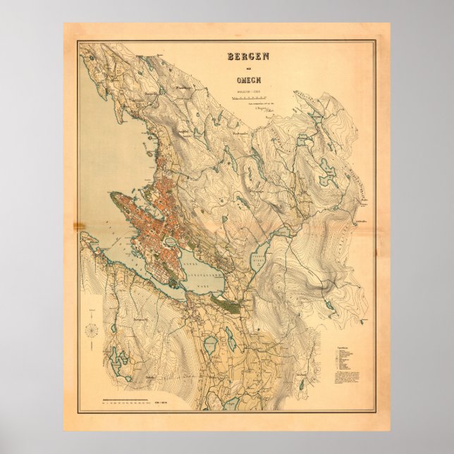 Póster Mapa de época de Bergen Noruega (1907) (Frente)