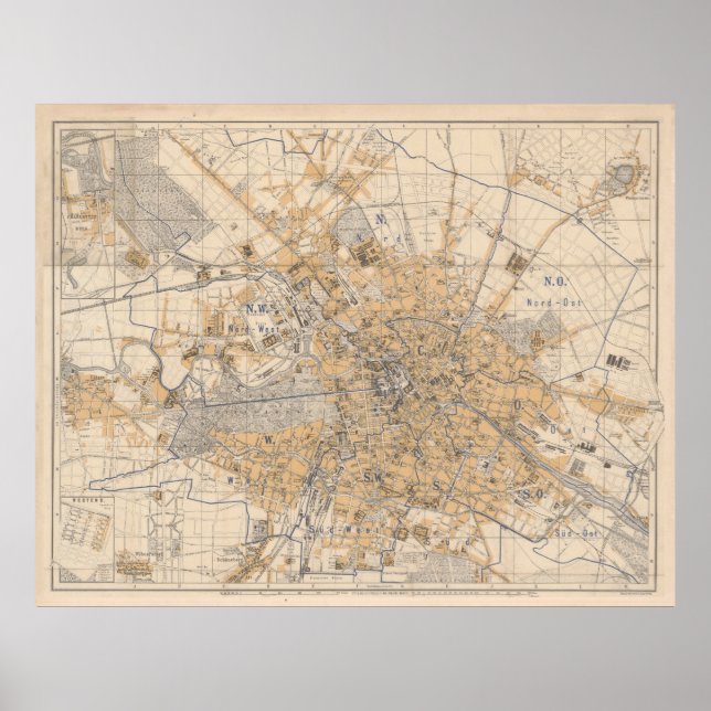 Póster Mapa de época de Berlín Alemania (1881) (Frente)