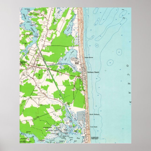 Póster Mapa de época de Bethany Beach Delaware (1954) (Frente)