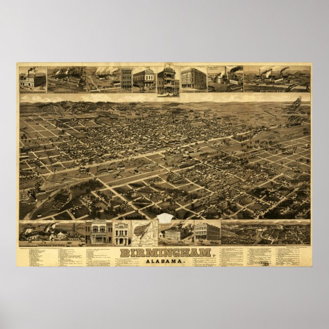 Póster Mapa de época de Birmingham, Alabama (1885) (Frente)