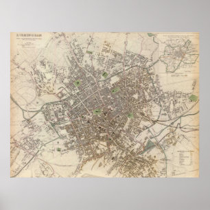 Póster Mapa de época de Birmingham Inglaterra (1839)