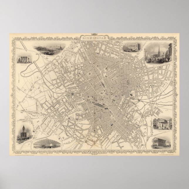 Póster Mapa de época de Birmingham Inglaterra (1851) (Frente)