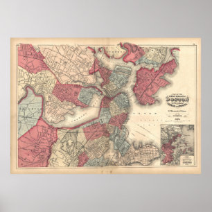 Póster Mapa de época de Boston Massachusetts (1871)