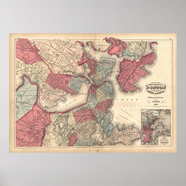 Póster Mapa de época de Boston Massachusetts (1871) (Frente)