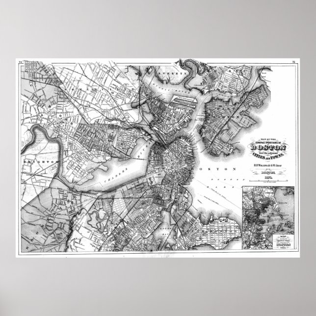 Póster Mapa de época de Boston Massachusetts (1871) BW (Frente)
