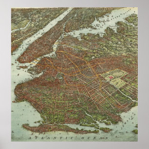 Póster Mapa de época de Brooklyn NY (1908)