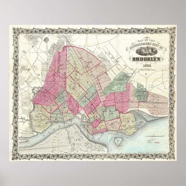 Póster Mapa de época de Brookyln (1868) (Frente)