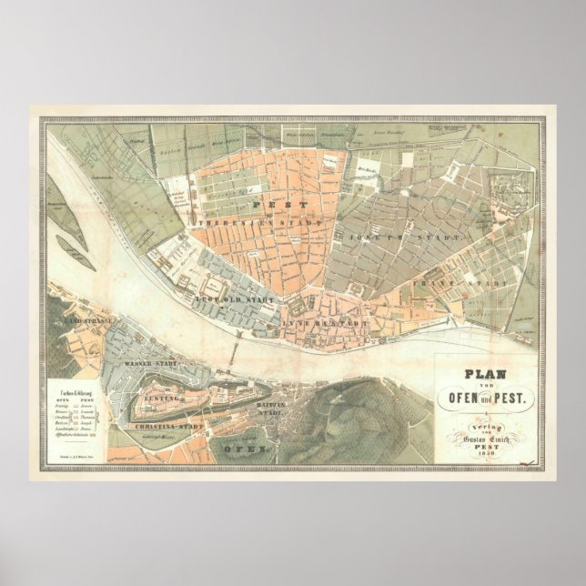 Póster Mapa de época de Budapest Hungría (1850) (Frente)