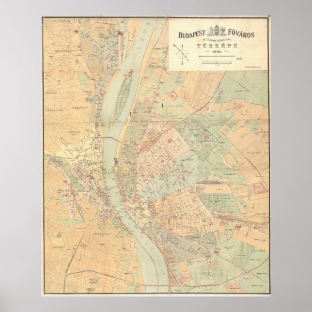 Póster Mapa de época de Budapest Hungría (1884) (Frente)