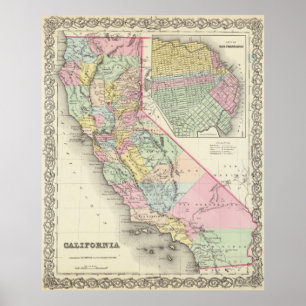Póster Mapa de época de California (1856)
