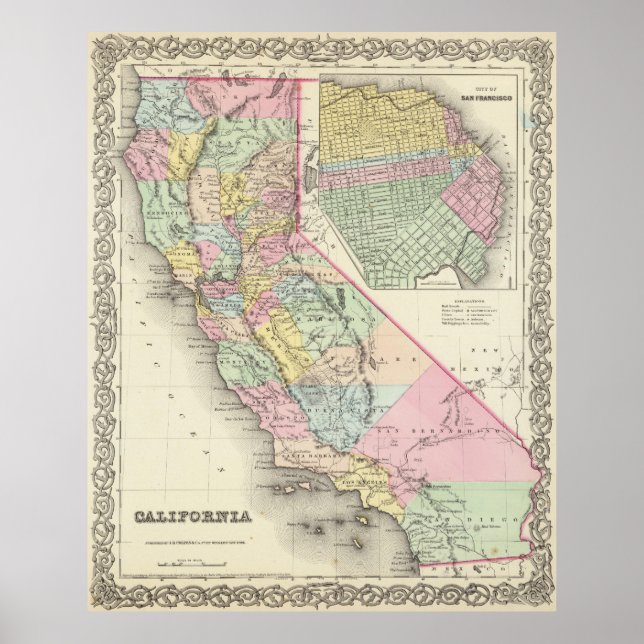 Póster Mapa de época de California (1856) (Frente)