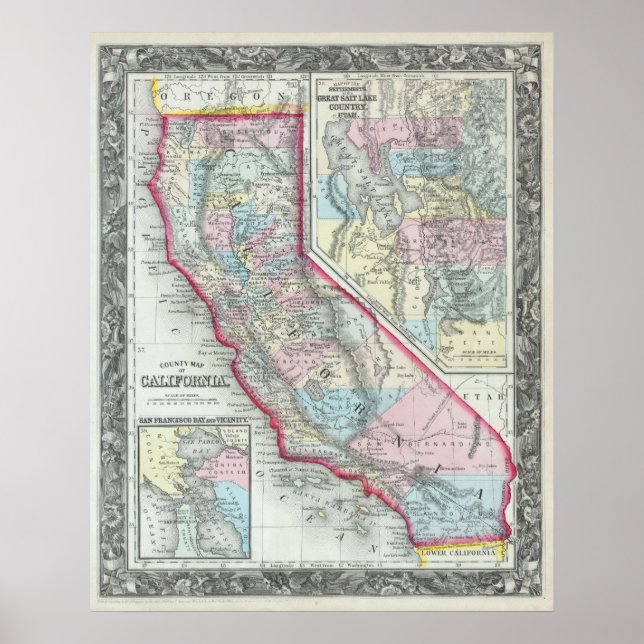 Póster Mapa de época de California (1860) (Frente)