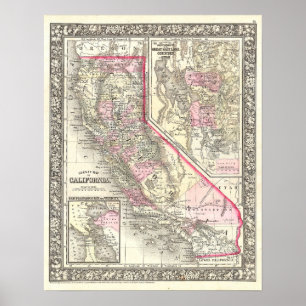 Póster Mapa de época de California, 1866
