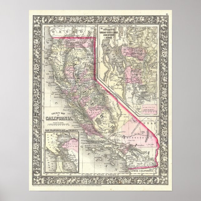 Póster Mapa de época de California, 1866 (Frente)