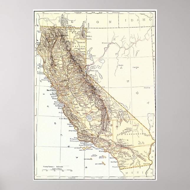 Póster Mapa de época de California (1878) (Frente)