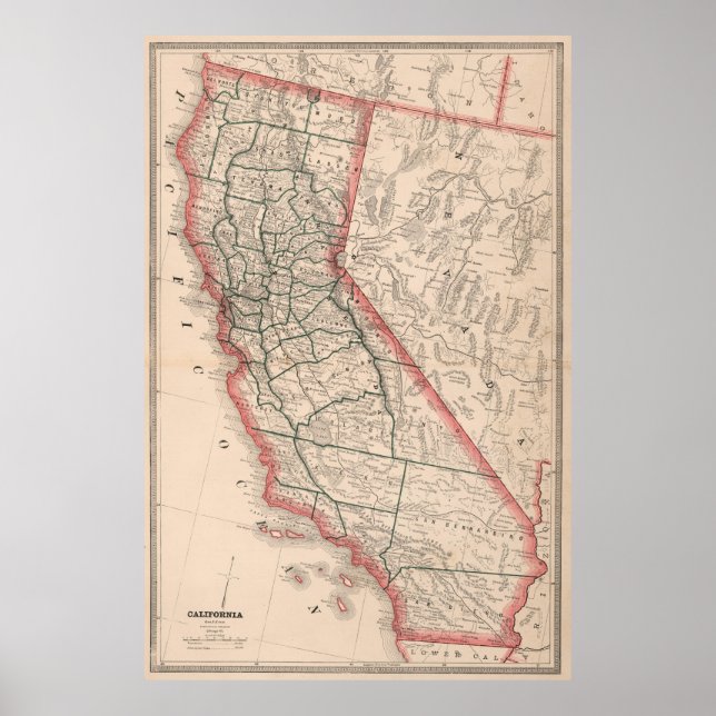 Póster Mapa de época de California (1883) (Frente)
