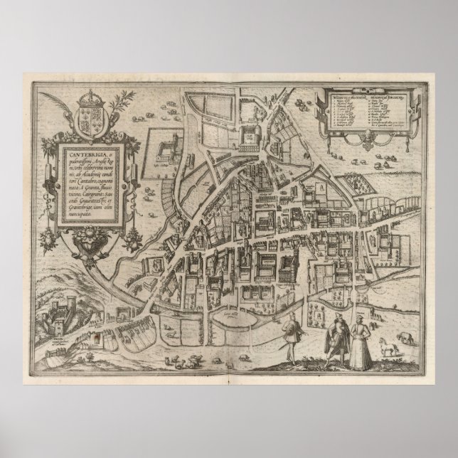 Póster Mapa de época de Cambridge Inglaterra (1575) (Frente)