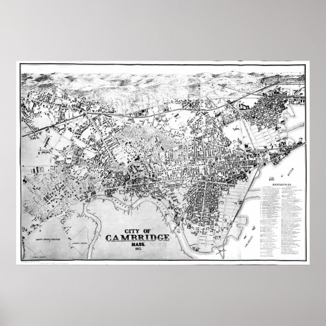 Póster Mapa de época de Cambridge Massachusetts (1877) BW (Frente)
