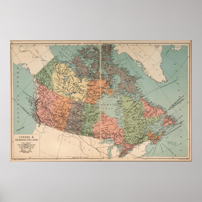 Póster Mapa de época de Canadá - Canadá y Terranova (Frente)