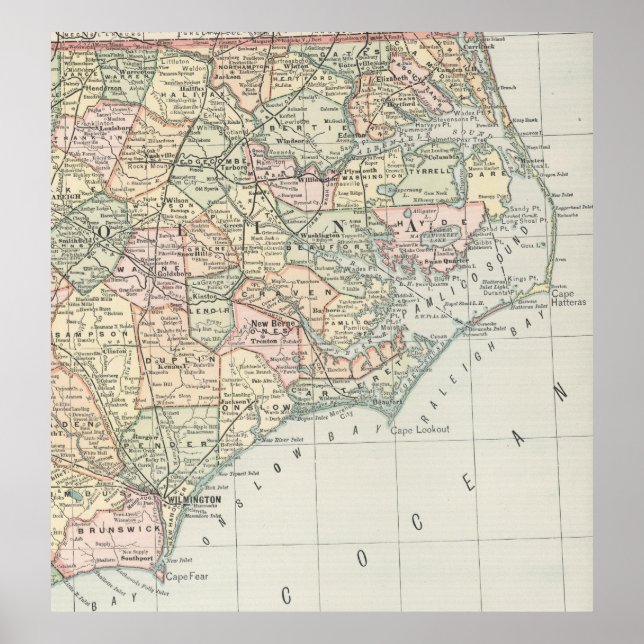Póster Mapa de época de Carolina del Este (1891) (Frente)